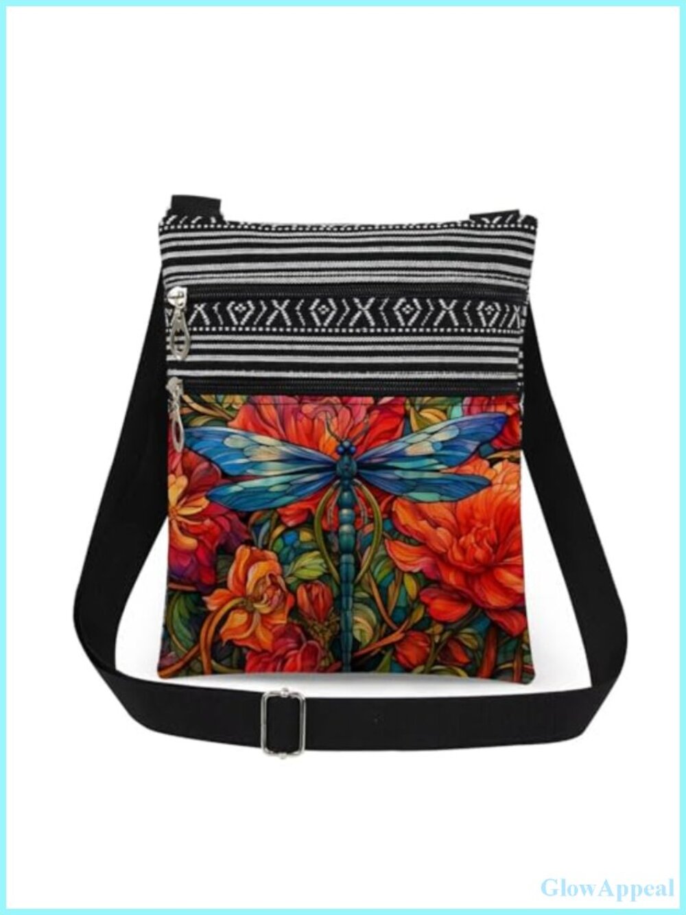 Polyester Dragonfly Crossbody Bag Adjustable Strap Double Zip